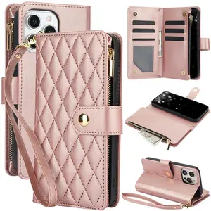 Quilted Pattern Zipper Phone Case, 1 Count PU Leather Phone Case with Card Slot & Wrist Strap, Phone Accessories for iPhone 16 Plus Pro Max