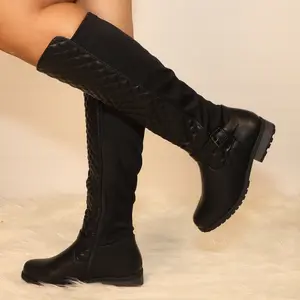 Lady tall fashion boot elegant patent pattern over the leg with a soft back side zipper flat heel