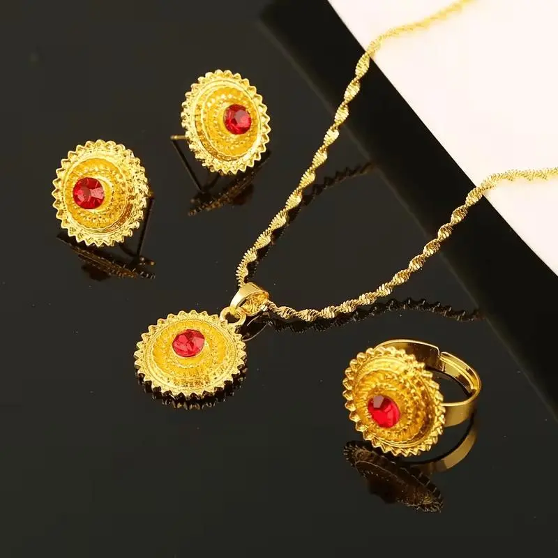 Elegant Ethiopian Royal 3pc Jewelry Set | Golden Sun Necklace with Ruby Red Accents (24KGP) Eritrean | Habesha Wedding ኢትዮጵያ Roots & Culture