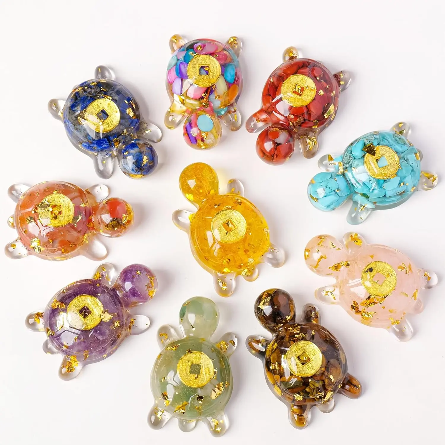 10PCS Handmade Turtle Shape Crystal Animal Figurines Set - Culturally-Inspired Fengshui Decorative Ornaments with Good Luck Coins, Secure Sea Resin Stones for Crystal Aura Tuning, Meditation Space & Desk Home Decor (Figurines & Miniatures)