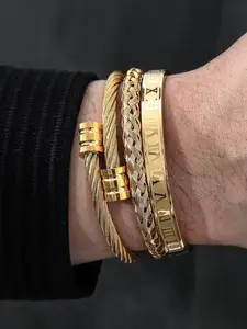 3 Piece Set European Style Braided Steel Wire Bracelets, Unique Roman Numerals Stainless Steel Jewelry for Women and Men