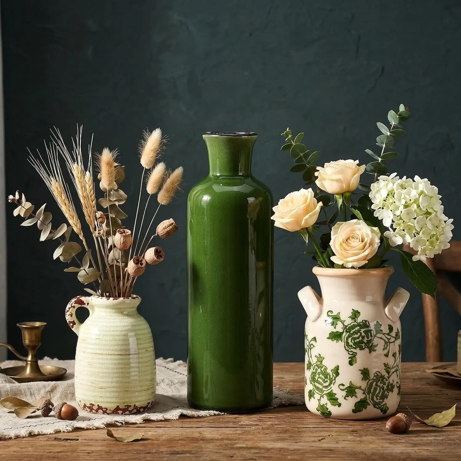 Ceramic Vases Set of 3,Green & Beige Farmhouse Vintage Rustic Boho Decorative Vases with Handles,Neutral Pottery Vases for Home Decor,Table Centerpiece,Living Room,Mantel,Kitchen,Shelf,Entryway