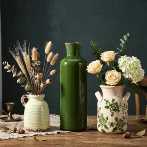 Ceramic Vases Set of 3,Green & Beige Farmhouse Vintage Rustic Boho Decorative Vases with Handles,Neutral Pottery Vases for Home Decor,Table Centerpiece,Living Room,Mantel,Kitchen,Shelf,Entryway
