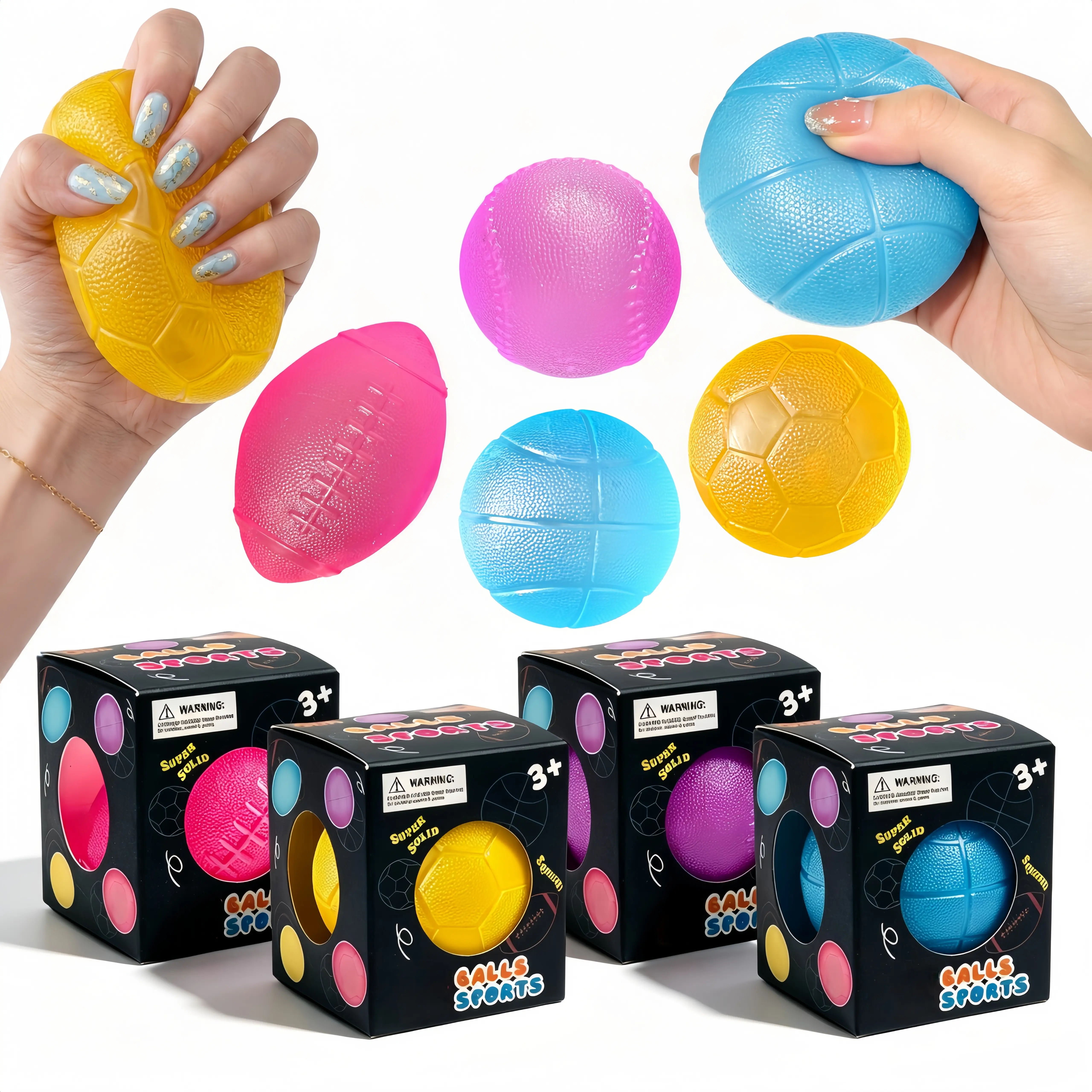 4Pcs Colorful Textured Sports Ball Squishy Toys, Rugby/Basketball/Football/Tennis Shaped Stress Relief Fidget Balls, Stress Relief Gadgets, Perfect as Kids' Birthday Party Favors & Adults' Home/Office Anxiety Relief Fidget Toys summerwins