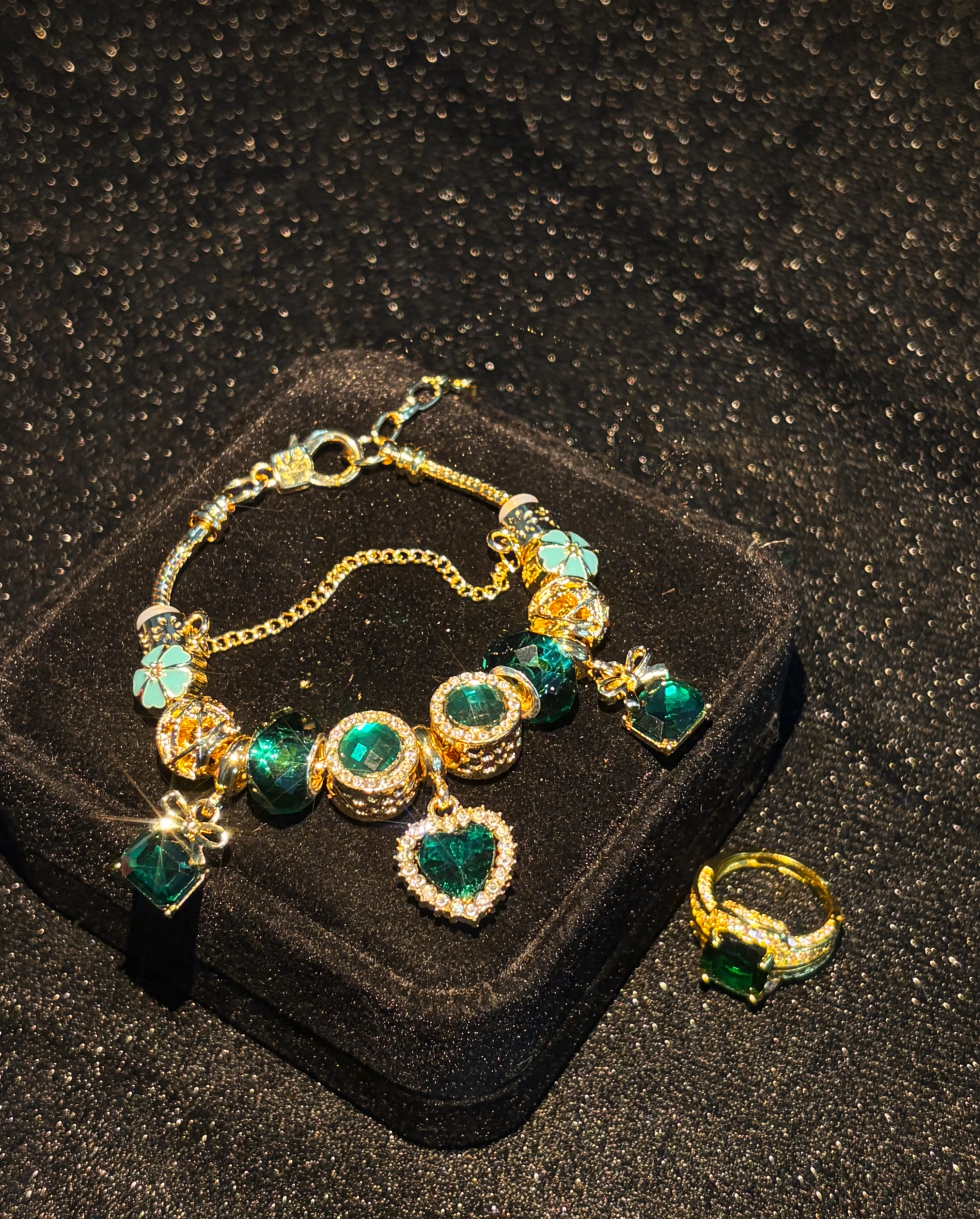 2-piece gold tone green crystal charm bracelet & ring set, snake chain beaded bracelet with heart flower bow dangle charms, adjustable ring, women statement jewelry, birthday christmas gift for her