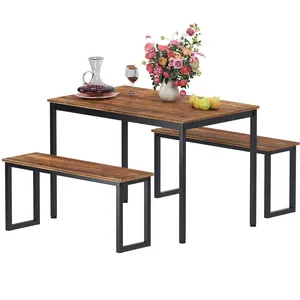 Soges 3-Piece Dining Table Set for 4, Farmhouse Kitchen Table with 2 Benches, Space-Saving Design for Small Apartment, Adjustable Leg Pads, for Kitchen & Dining Room, 45”L x 26”W x 29.5”H Table + Two 39.4”L Benches