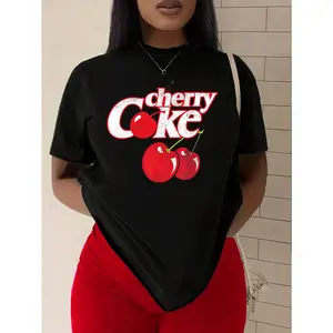Plus Size, Cherry Cola Pattern Plus Size Women's T-Shirt- Bright White and Red Outline Design Featuring Cherry Patterns, Casual Round-neck T-shirt, Fashionable Summer Top, Suitable for Casual Attire