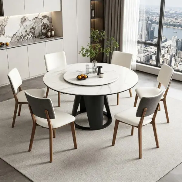 6-Piece Indoor Modern Sintered Stone Dining Set - 59x59x30.3" Table, 35.4in Round Turntable, Exquisite Metal Pedestal, PU Leather Chairs, Durable, Assembly Required, Fits 6-8 People for Family Dining Room Furniture, Natural Slate, Glam, 59In Table