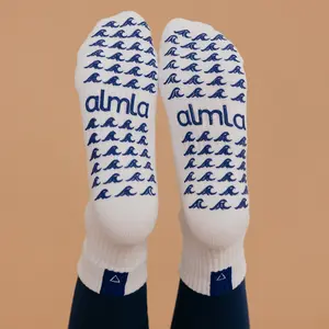 Water Embroidered Grip Pilates Socks for Women - White with Deep Blue Wave Grips - Cancer, Scorpio, Pisces