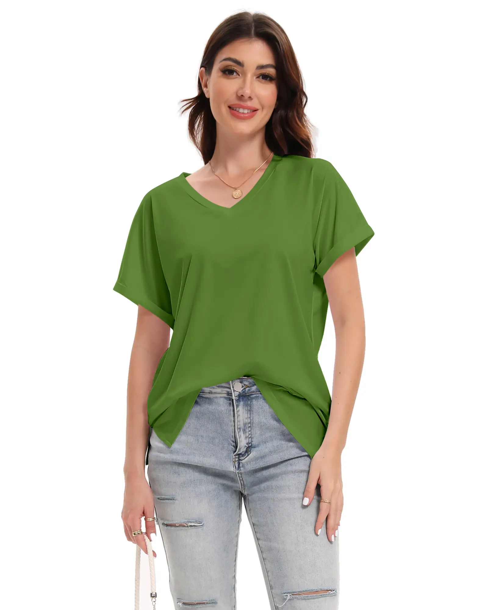 Women's V-Neck Basic Short-Sleeve T-Shirt - S to 3XL, Rolled Sleeves, Casual Loose Fit, Flowy, Side Split, Breathable for Hot Days, High Quality Material, 2024 Spring & Summer Evening Essential Daily Wear Top