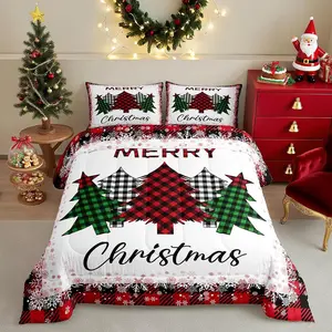 Feelyou Vintage Chic Christmas Plaid Tree Comforter Set - Red-Green-Black Grid Microfiber Soft Bedding, Digital Print Winter Room Decor with Snowflake Quilt, Multi-Size Machine Washable Duvet Insert for Kids