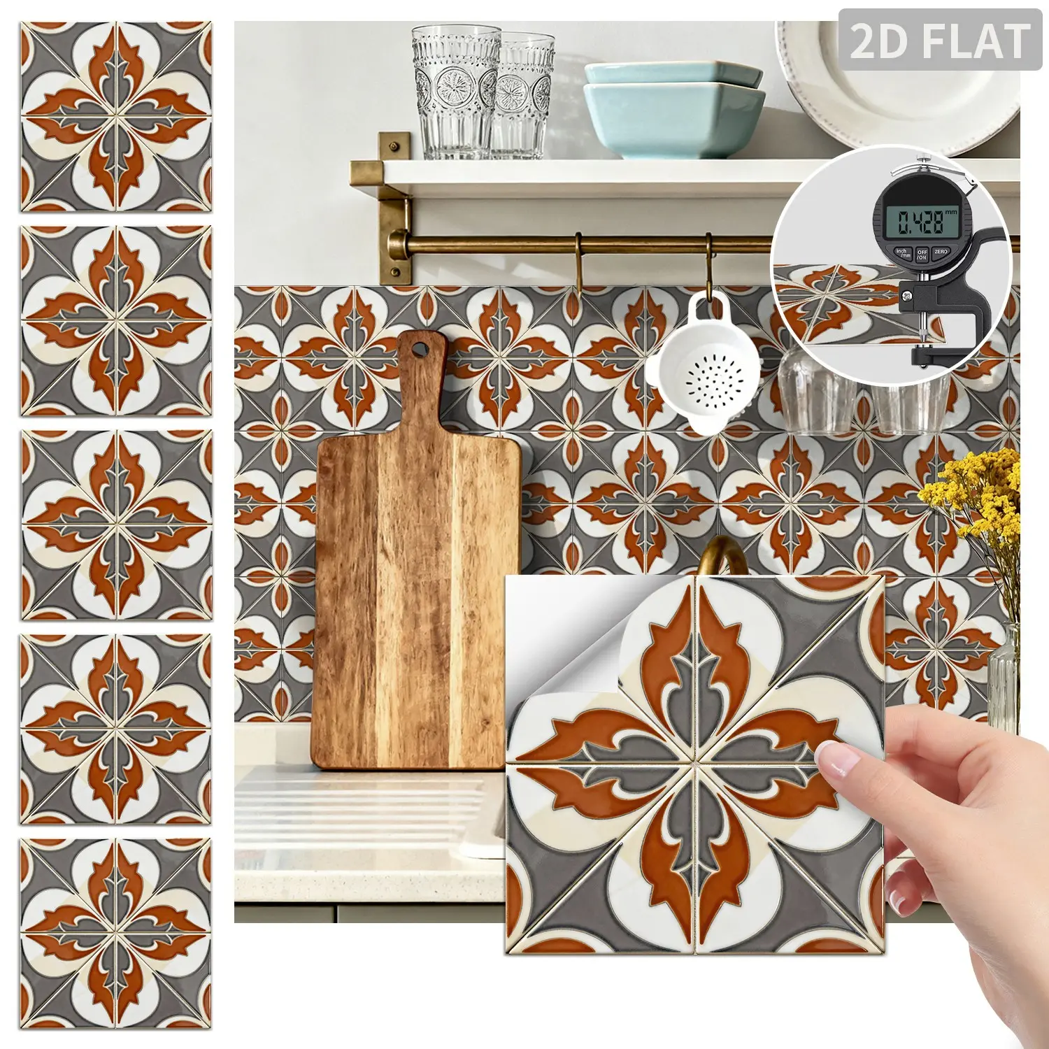 24PCS FHZ Gray Orange Brown Cross Flower Geometric Tile Stickers PET Matte Peel and Stick Backsplash Waterproof Oil Proof Wall Sticker for Kitchen Bathroom