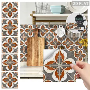 24PCS FHZ Gray Orange Brown Cross Flower Geometric Tile Stickers PET Matte Peel and Stick Backsplash Waterproof Oil Proof Wall Sticker for Kitchen Bathroom