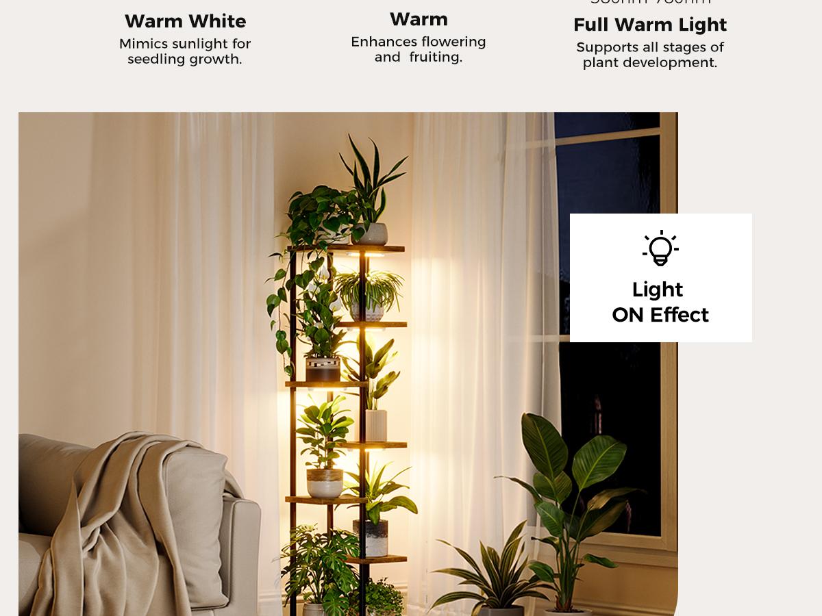 Bamworld Rustic Acacia Wood & Metal 7-Tier Plant Stand with Lights, Ambient Lighting for Indoor Plants, Home Decor Corner Rack for Living Room, Wooden Plant Stand