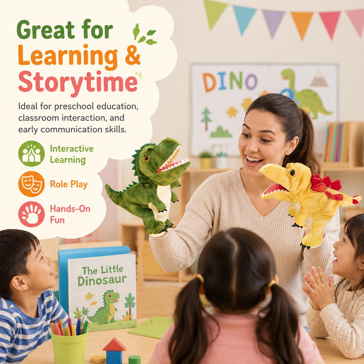 5 Styles Dinosaur Hand Puppet Soft Plush Dino Toy for Kids Storytelling, Role Play, Family Playtime and Classroom Activities