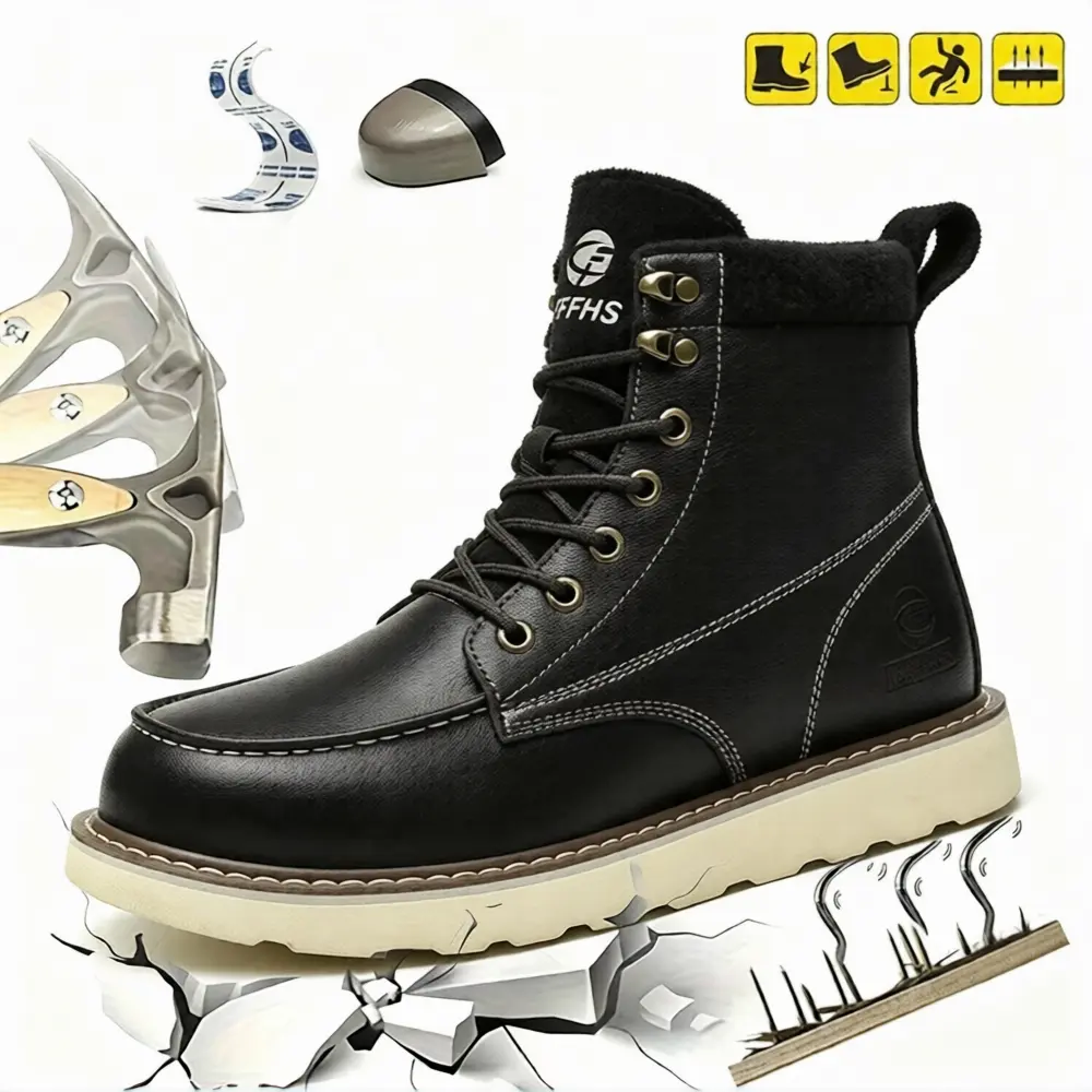 QINGRUIPAI Men's Steel Toe Work Shoes - Chic Synthetic All-Seasons Safety Footwear, Breathable Mesh, Rotating Knob, Kevlar Anti-Puncture, Anti-Slip Thick Sole, Round Toe, Metatarsal Guard Work & Safety Footwear
