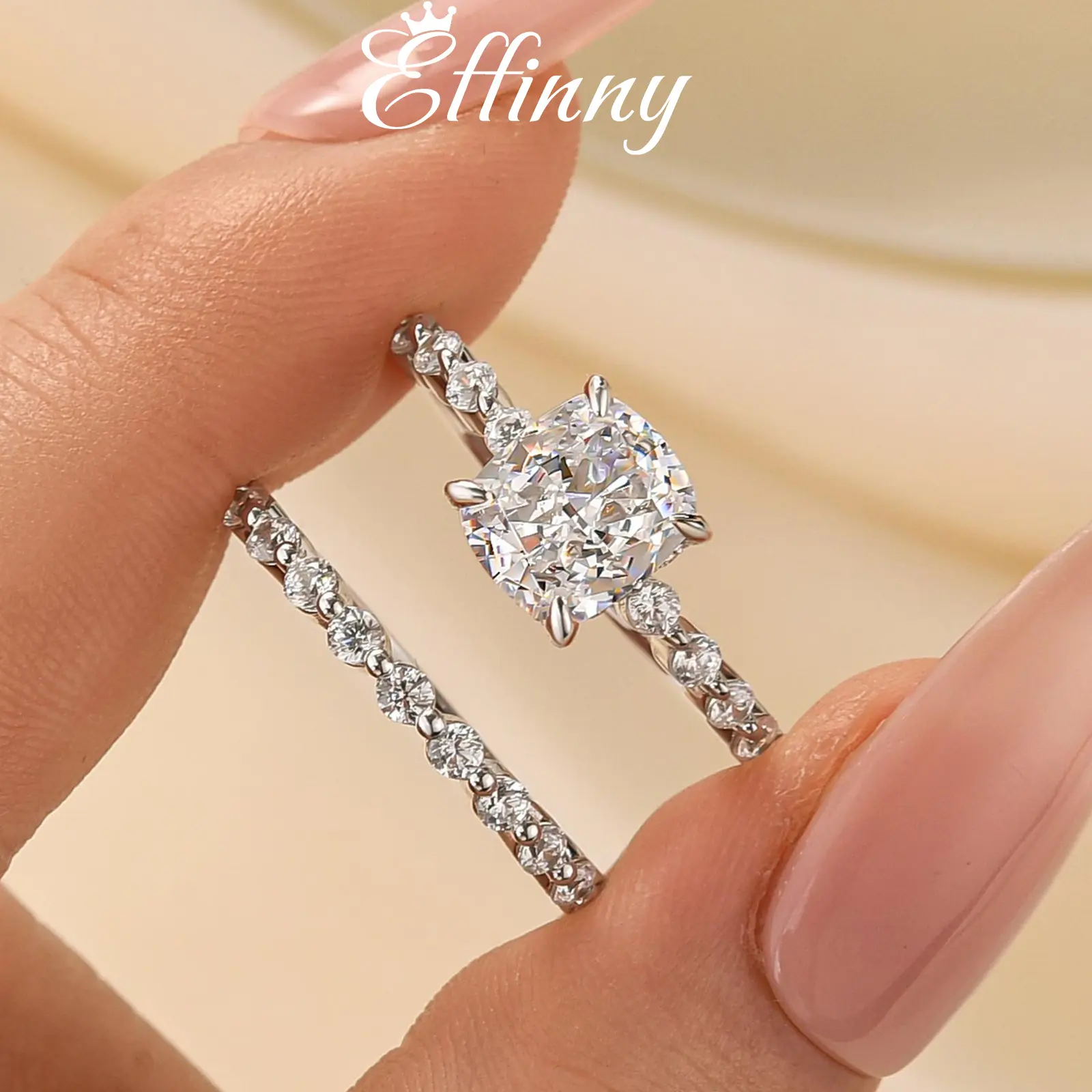 Effinny 2.0ct Cushion Cut Women's Wedding Ring Set in 925 Sterling Silver, Promise Ring for Wedding, 5A Grade Cubic Zirconia Anniversary Ring, Adults