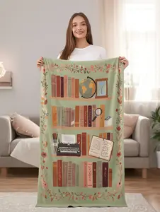 Vintage Bookshelf Illustration Velveteen Plush Flannel Blanket Cozy Reading Decor 100% Polyester Medium Heavyweight High Detail Print Double Needle Stitching