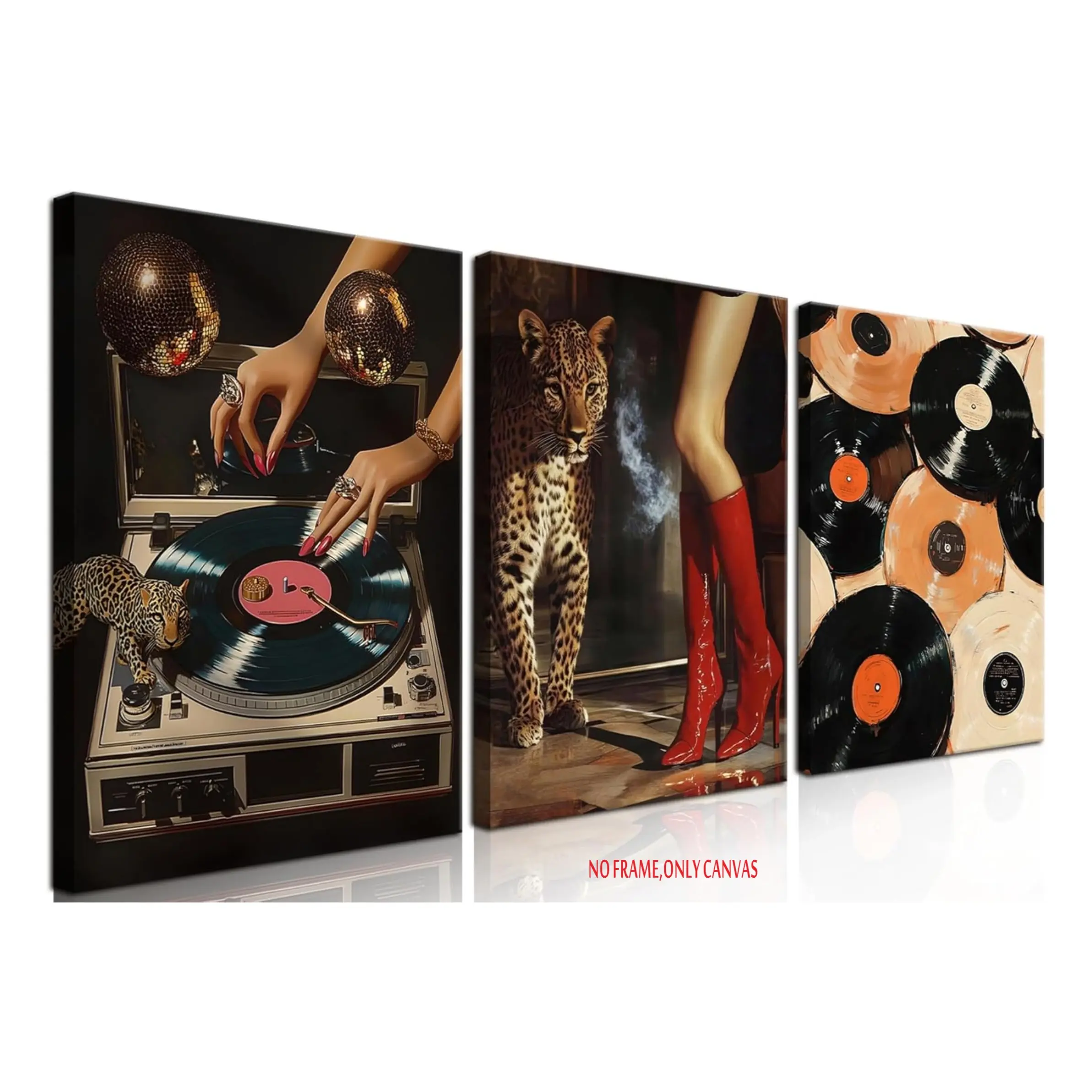3-Piece Set / Stylish Leopard-Print Canvas Wall Art, Cool Cheetah-Themed Vinyl Record Wall Art, Retro Disco Ball Art Prints, Stylish Home Decor for Living Rooms and Bedrooms, 2D Flat Frameless, Animal Print Design, Vintage Wall Art, Decoration