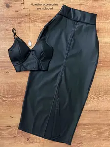 Sexy Off-Shoulder Halter Top + Slit Waist Faux Leather Skirt Set, 2 Piece, No Accessories Included