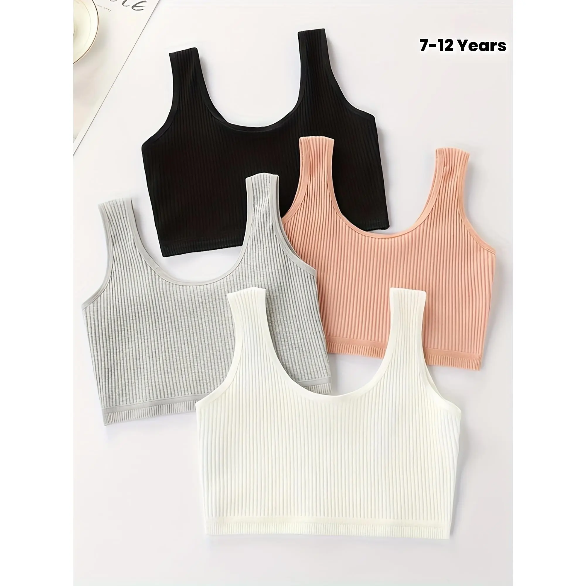 Girls' 4-Pack Tank Tops, Solid Ribbed Knit Slim-Fitting Crew Neck Vests for Casual Summer Wear