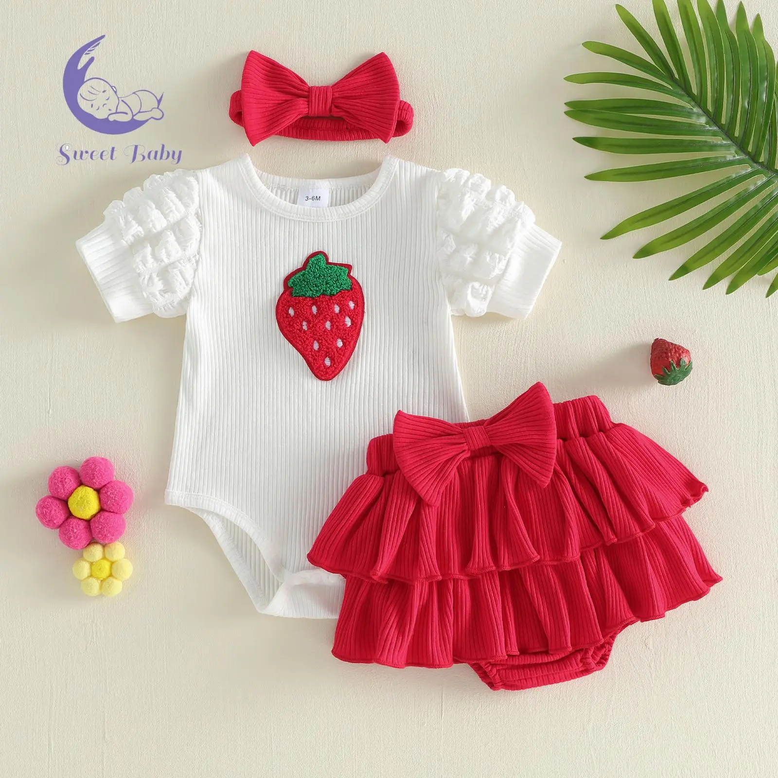 Baby Girls Shorts Set, Short Sleeve Embroidery Strawberry Romper Elastic Waist Shorts with Hairband Summer Outfit
