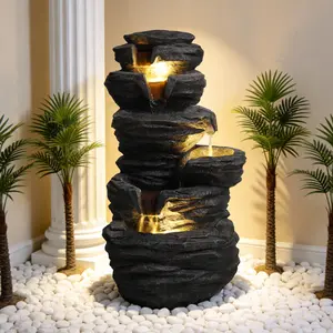 Outdoor Water Fountain with Lights 4 Tier Cascading Pots Resin Stone Look Garden Waterfall Fountain for Patio Yard Porch Landscape