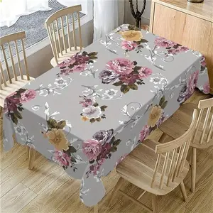 Vintage floral tablecloth, elegant polyester dining table cover with romantic rose bouquet print, farmhouse rectangular tablecloth for kitchen, dining room, wedding party, home decor