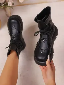 Women's Large Size 36-42 Fall Winter New Fashion Retro Casual Thick Sole Round Toe Height Increasing Zipper Lace-Up British Style Ankle Boots