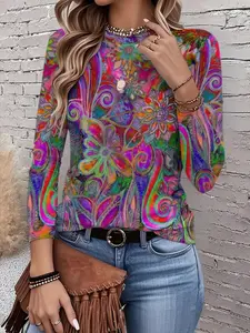 High-Quality Women's Colorful Floral Geometric Long Sleeve T-Shirt Top, Elastic Comfort Fitted Fit, Casual Style for All Seasons