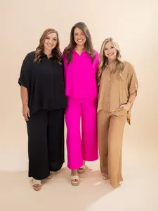 Airflow Solid Oversize Shirt & Wide Leg Pants Set | S-3XL