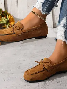 Women's Round-Toe Vintage Brown Bowknot Lace-Up Business Casual Loafers, Soft Sole Comfortable Woven Stitching Flat Shoes, Slip-On Casual Shoes for Daily Commuting and Various Occasions, Flats Shoes Women