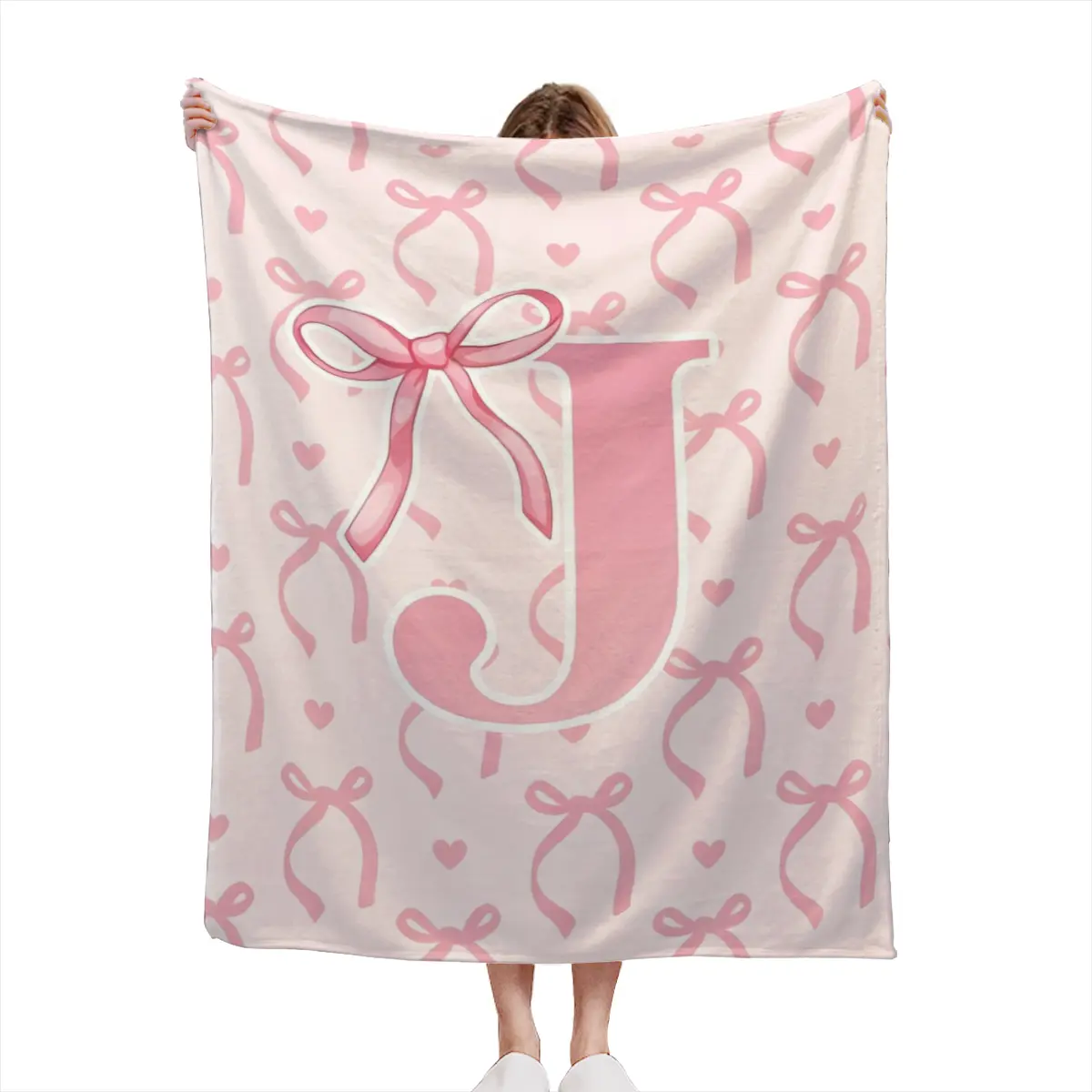 Coquette Pink Bow Initial W Throw Blanket, Monogram Letter W Flannel Blanket, Soft Cute Girly Aesthetic Decor Blanket, Personalized Gift for Women
