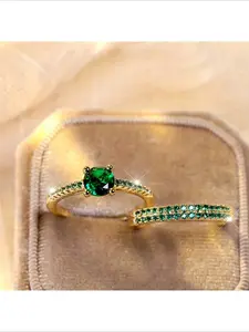 2PCS Luxury Gold Round Cut Emerald CZ Four Prong Ring Set Cubic Zirconia Eternal Wedding Jewelry Elegant Engagement Ring Gift for Teens