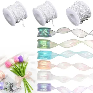 9 Rolls Decorative Ribbon Set, 6 Rolls 1.57 Inch Iridescent Tulle Ribbon + 3 Rolls 66Ft Pearl String, Transparent Fishtail Yarn Ribbons, Dreamy Craft Supplies for Gift Wrapping, Wedding, Bouquet, Christmas, Invitations & Holiday Decor