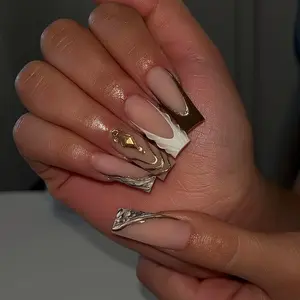 24 Pcs Marble Square Nails, Gold Rhinestones & Swirl Design, Glossy Reusable False Nails, Free Jelly Glue & Nail File