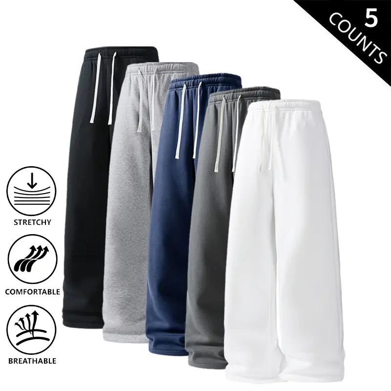 5-Pack Men’s Wide-Leg Sweatpants, Soft, Breathable Drawstring Casual Pants for Everyday Wear and Sports