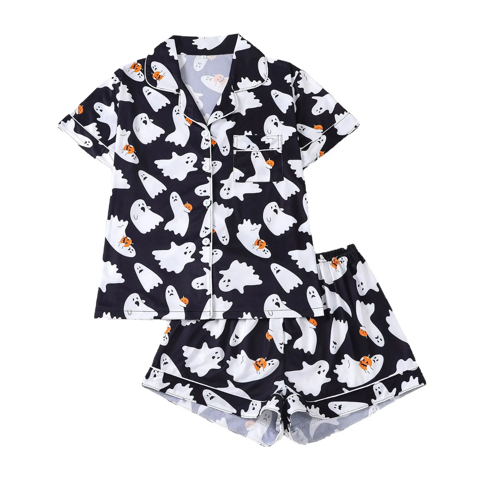 Women's 2-Piece Halloween Theme Pajama Set - Button-Down Short-Sleeve Ghost Pattern Shirt & Pumpkin Print Shorts Sleepwear