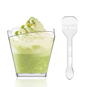 20/50 pcsparfait cups Transparent Plastic Dessert Cups, Plastic Clear Cups, Plastic Pudding Cups, 3.5oz Square Appetizer Bowls, Includes 20/50 Sampling Spoons, Perfect for Parties, Weddings, Festive Gatherings