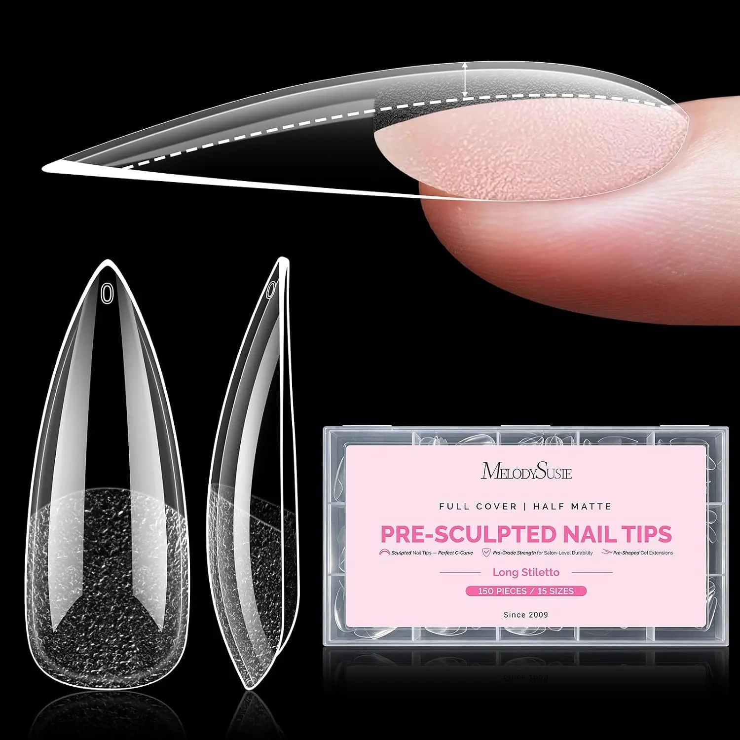 MelodySusie Apex Nail Tips, 15 Sizes 150Pcs | Half Matte Full Cover Clear Acrylic Fake Nail,No Builder Gel Required,Thick Strong Gel Extensions for DIY&Salon Manicure