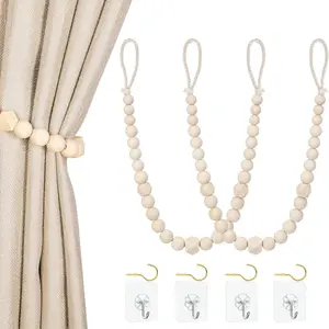 Wood Bead Curtain Tiebacks, Set of 2 Curtain Holdbacks for Thin or Thick Window Draperies, Boho Farmhouse Curtain Tiebacks with Hooks, Curtain Tie Backs for Home Office Room Decor