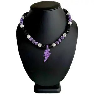 Iced Bling Disco Ball Rhinestone Pollyanna Crystal Bead Baseball Softball Necklace Purple Black Lightning