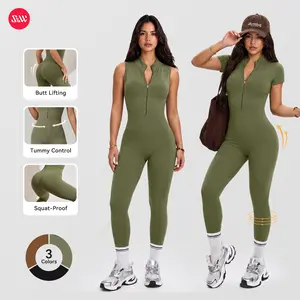 S&W Tight Jumpsuit Bodysuit Workout Seamless Ribbed Tummy Control Yoga Bodycon Zip Up One Piece Unitard Sculpt Rompers Womenswear