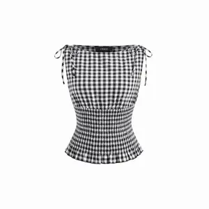 Cider 100% Cotton Boat Neck Gingham Shirred Lettuce Trim Knotted Tank Top