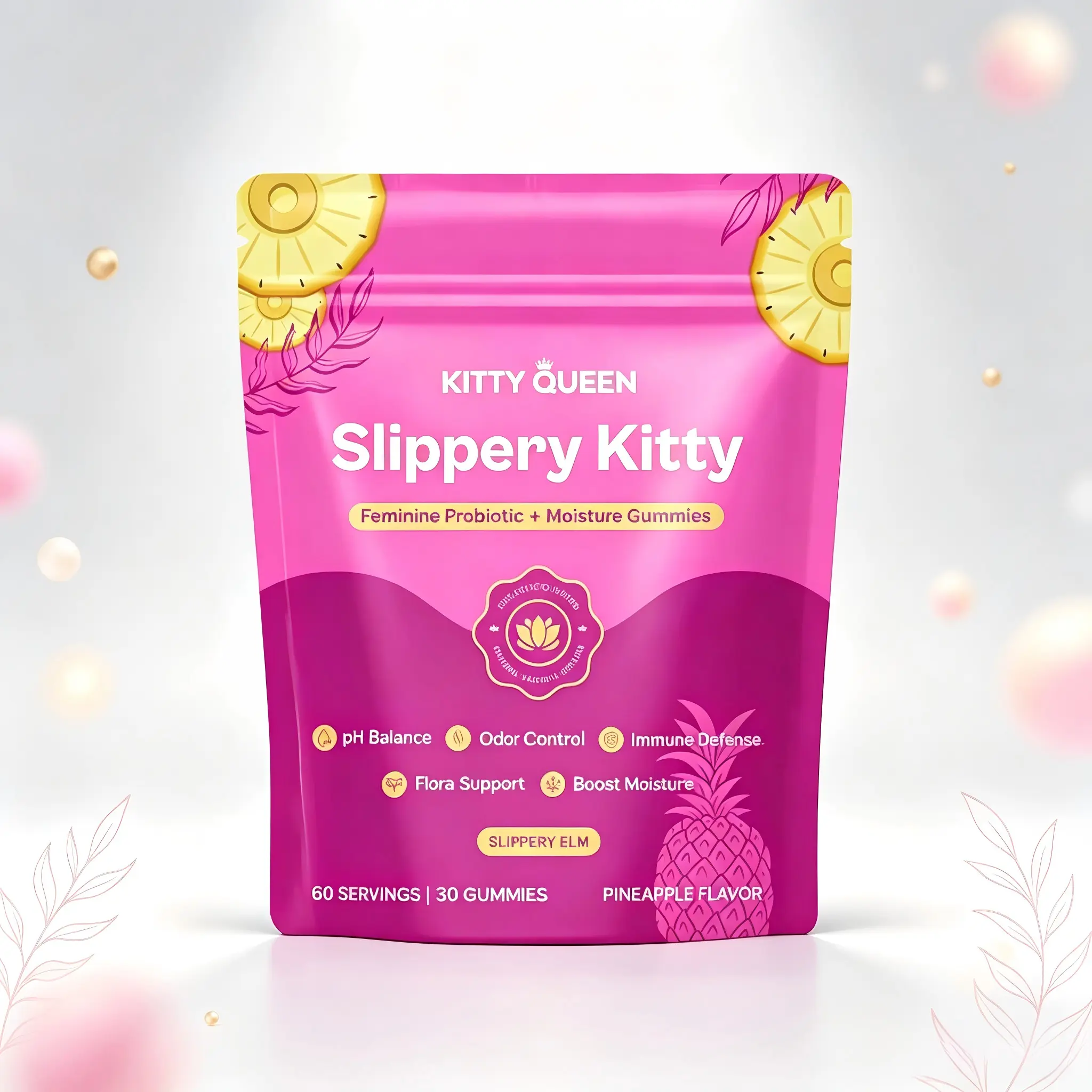 Slippery Kitty Feminine Probiotic + Moisture Gummies -All in One Solution with Slippery Elm 60 Count Pineapple Flavor