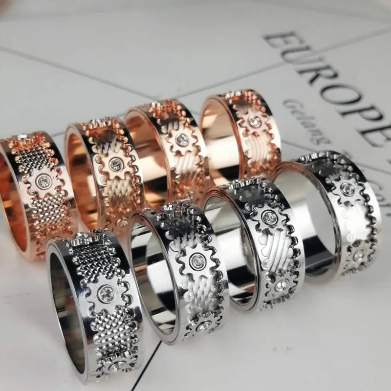 Rotatable Gear Fidget Ring for Men Women| Copper Spinner Anxiety Relief Ring with CZ Inlay Geometric Design Ring Casual Ring Linked