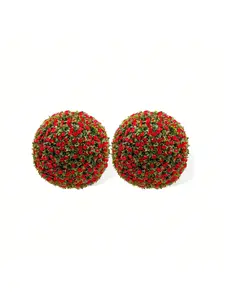 Premium 17in Round Artificial Topiary Plant Balls, Red Rose Plastic Floral Plant with Hanging Chains, Zip Ties, Decorative Ornaments for Table Decor, Outdoor Wedding Home Centerpieces, Pot Display