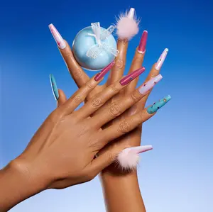 Girly Baby Pink/Blue Coffin Press OnNails, Airbrushed Designs, Rhinestone Gems, Long Lasting, Salon Quality, Reusable