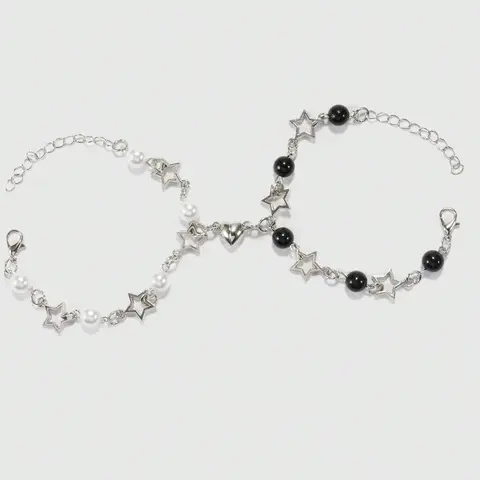 Punk Style Y2k Bracelet (2pcs), Including Star, Heart, Faux Pearls, Artificial Crystal & Beaded Decor, Jewelry for Women & Girls, Fashion Jewelry for Party, Jewelry for Gift, Matching Bracelets, Beautiful Bracelets, Beaded Bracelets Set