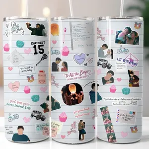To All The Boys Series Sublimation Tumbler Cup, 20 oz., Peter Kavinsky, Laura Jean Covey, With Lid and Reusable Straw Bottle Drinkware Portable Mug, Gift for Her, Insulated Stainless Steel Coffee Cup Bottled